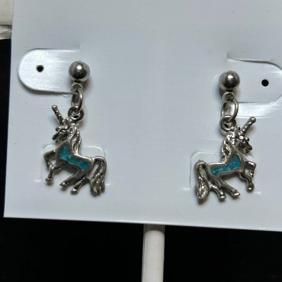 Unbranded Jewelry - Vintage Silver Tone Faux Mosaic Turquois Unicorn Pierced Earrings (3780)